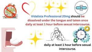 Vidalista Professional 20mg should be dissolved under the tongue and taken once daily at least 1 hour before sexual intercourse.