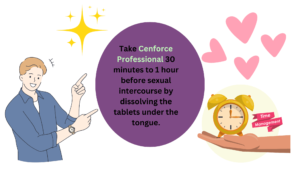 Take Cenforce Professional 30 minutes to 1 hour before sexual intercourse by dissolving the tablets under the tongue.