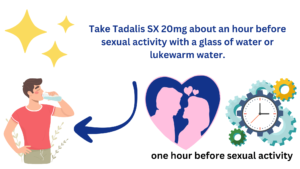 Take Tadalis SX 20mg about an hour before sexual activity with a glass of water or lukewarm water.