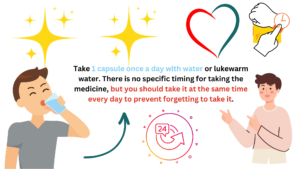 Take 1 capsule once a day with water or lukewarm water. There is no specific timing for taking the medicine, but you should take it at the same time every day to prevent forgetting to take it.