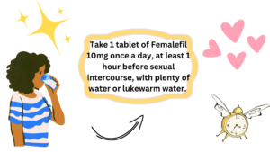 Take 1 tablet of Femalefil 10mg once a day, at least 1 hour before sexual intercourse, with plenty of water or lukewarm water.
